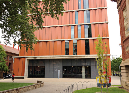 Braggs Auditorium entrance, ground view